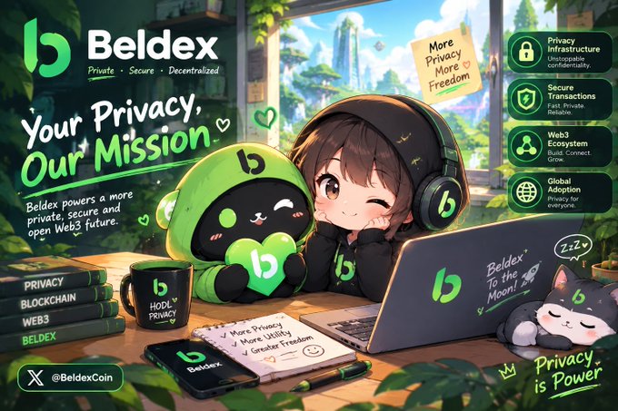 A promotional graphic for the cryptocurrency Beldex features anime-style art of a winking character with headphones alongside a green ninja mascot, with the slogan 'Your Privacy, Our Mission' and information about their Web3 privacy features.