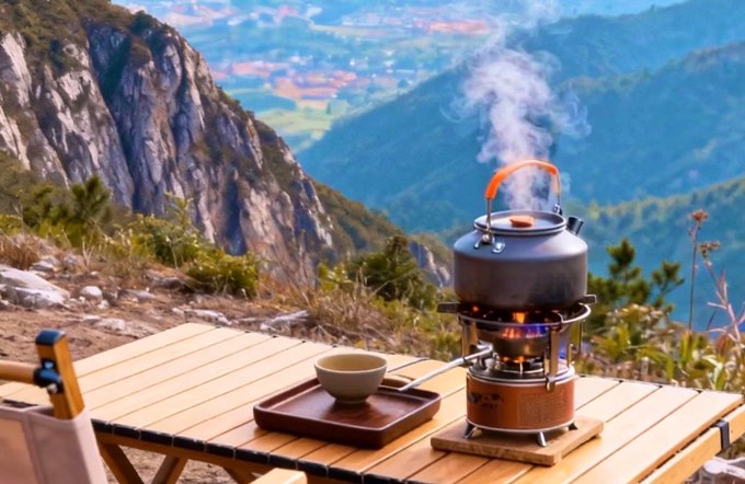 A steaming kettle boils on a portable camping stove atop a mountain overlook, with a small bowl resting on a wooden tray beside it. The image complements the post's reflective mood, evoking a quiet moment of rest and contemplation during a hiking journey, as the author pauses from their climb to enjoy a simple brew with a sweeping valley view below.