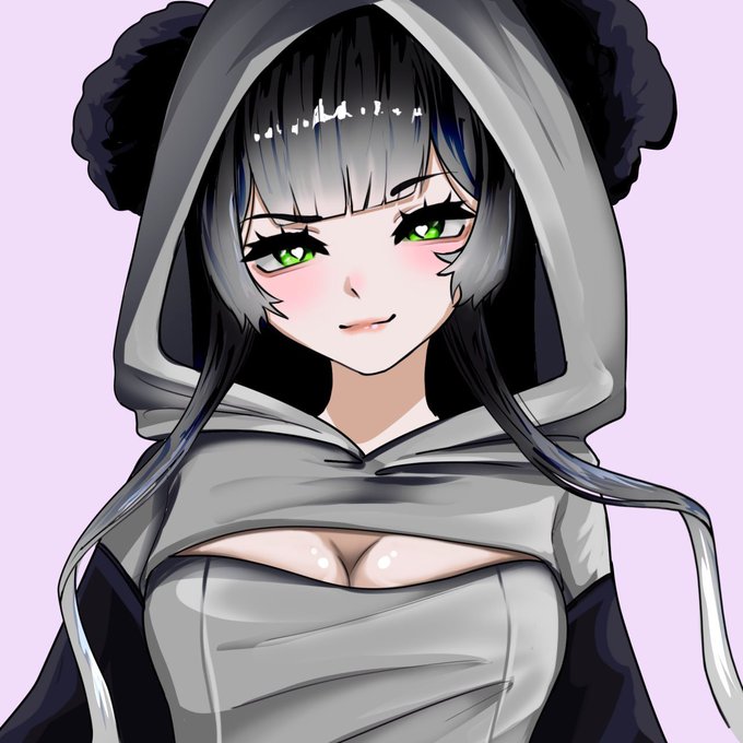 An anime-style illustration of a green-eyed character with long dark hair wearing a gray panda-themed hooded outfit, set against a light purple background. The image does not contain any visible text, but the character's design and aesthetic likely align with the post's announcement of collaborations with the artist account @Sifu_waifu.
