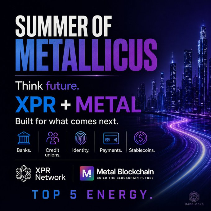 The image features a cityscape with buildings at night, including a prominent building that says "Summer of Metallicus" written on it. The background of the image has purple and blue colors, which gives it an artistic and futuristic feel. In the center of the image, there is text that reads "Summer of Metallicus". Below this, there are several icons representing different aspects related to the Summer of Metallicus theme, such as banks, credit unions, identity, payments, stablecoins, real rails, and energy. The image also includes a caption that says "Top 5 Energy", suggesting that it is promoting an event or project related to energy efficiency or sustainable practices.