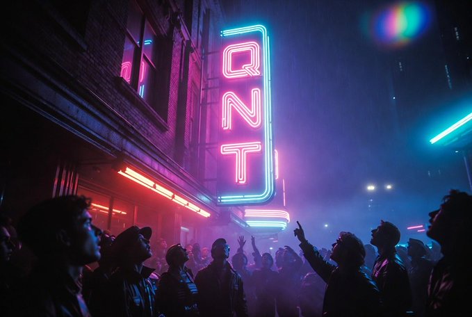 A vibrant digital illustration of a crowd gathered outside a building under heavy rain, illuminated by a large neon sign spelling 'QNT' in glowing pink and blue letters.