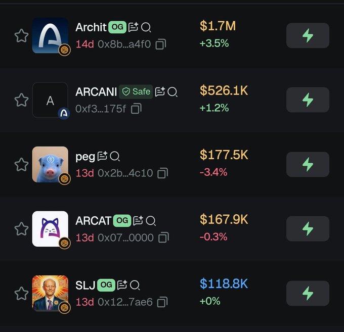 Cryptocurrency wallet interface listing various tokens including 'Archit' at $1.7M, 'ARCANI' at $526.1K, 'peg' at $177.5K, 'ARCAT' at $167.9K, and 'SLJ' at $118.8K, all marked as OG with a 13-14 day timeframe.