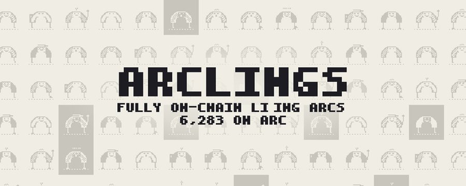 A retro-style graphic with repeated helmet-like icons and the headline “ARCLINGS,” followed by “FULLY ON-CHAIN LITNG ARCS” and “6,283 ON ARC.”