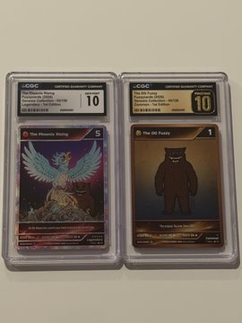 Two CGC-graded (Gem Mint 10) Pokémon cards in protective slabs - one featuring The Phoenix Rising and another featuring The OG Furfrou token.