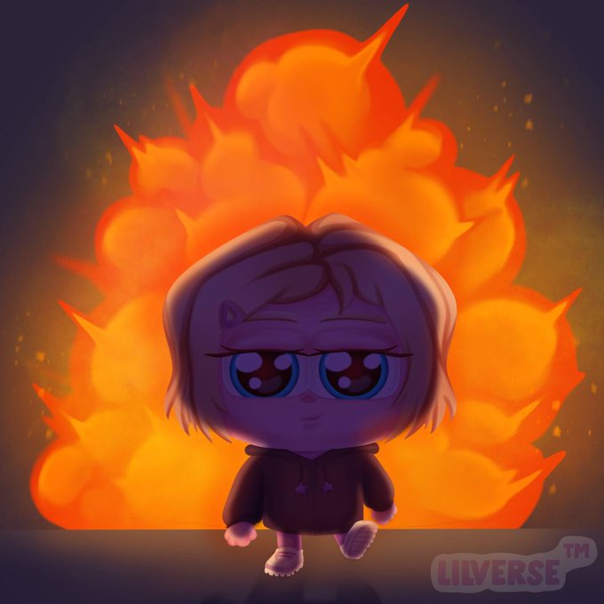 A chibi-style cartoon character with large expressive eyes stands in front of a massive fiery explosion, with the "LIVERSE™" logo displayed in the bottom right corner of the image. The explosive backdrop and intense flames visually symbolize the fiery frustration and urgency of the accompanying post, which critiques the slow NFT minting progress and mocks potential buyers who lack even a small amount of money to participate.