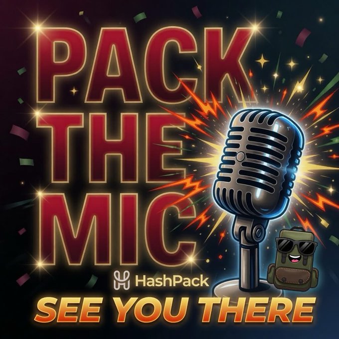 A vibrant promotional graphic with bold text reading 'PACK THE MIC' and 'SEE YOU THERE', featuring a vintage microphone and the 'HashPack' logo.