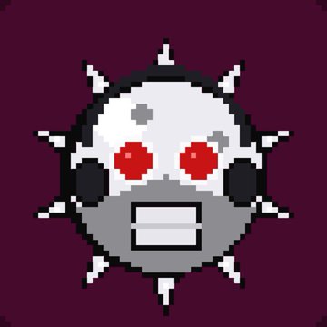 A pixel art design featuring a spiked, metallic head with red eyes and a grill-like mouth on a dark purple background.