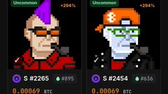 Two CryptoPunk NFT characters (Uncommon, +294% each) with associated token information showing '#2285 BTC' and '#2454 S' with price data.