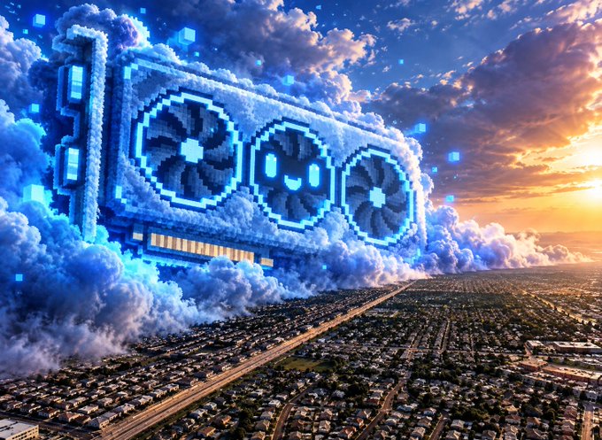 A massive cloud-shaped GPU graphics card with glowing blue pixel art hovers over a city at sunset, symbolizing a powerful new crypto or tech launch. The image's cloud/fan motif and digital aesthetic suggest an upcoming blockchain event teased for September 25.