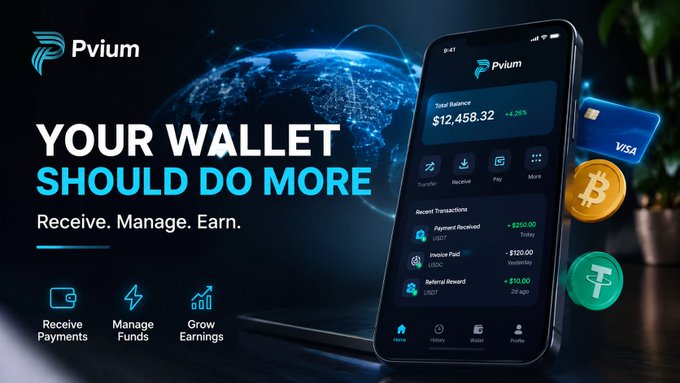 A promotional banner for 'Pvium' wallet with the tagline 'YOUR WALLET SHOULD DO MORE' showing a phone displaying a balance of $12,458.32 alongside Visa, Bitcoin, and Tether graphics.