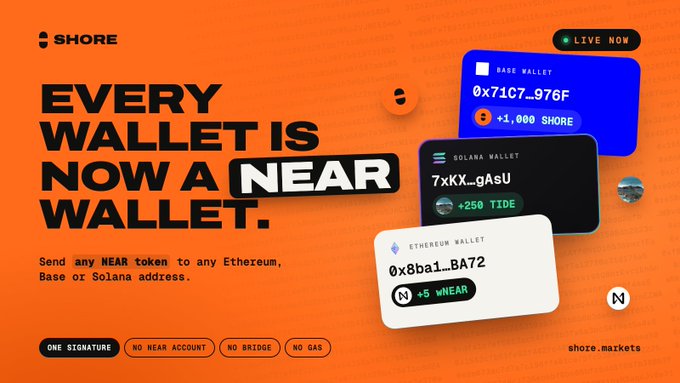 A marketing graphic for Shore announcing NEAR wallet compatibility with the message 'EVERY WALLET IS NOW A NEAR WALLET,' allowing NEAR tokens to be sent to Ethereum, Base, or Solana addresses, with wallet address examples for each chain.