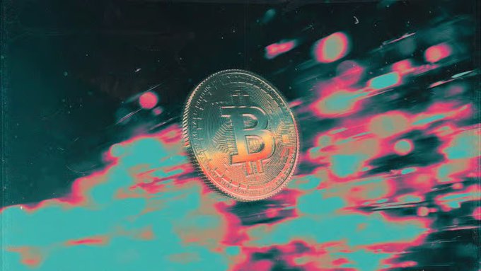 A stylized image of a Bitcoin physical coin featuring the iconic 'B' symbol, set against a vibrant, glitchy background of teal and pink.