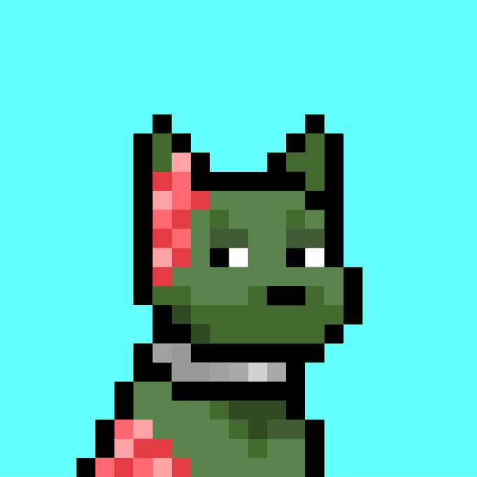 Pixel art of a green dinosaur-like character with a black outline, holding a small red object, set against a solid turquoise background.