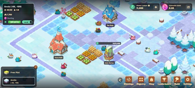 Screenshot of a winter-themed mobile game called 'Town Star' showing a town called 'Arctic' at coordinates (-66, -109) with 30/50 plots used, including buildings like 'Town Hall' and 'Bale Harvester'.