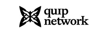 A logo for 'quip network' featuring a stylized butterfly or flower icon in black on a white background.