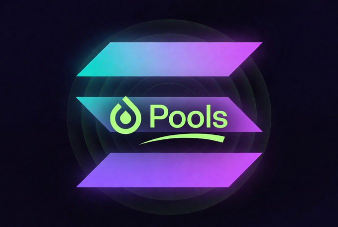 A logo featuring the text "Pools" with a water droplet icon, set against stacked teal and purple gradient bars on a dark background, symbolizing the Pools.trade platform's move to Solana.