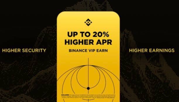 A yellow promotional graphic for "Binance VIP Earn" highlights "Up to 20% Higher APR," with side panels reading "Higher Security" and "Higher Earnings," illustrating the post's point that Binance is expanding its VIP program beyond trading fee discounts to include enhanced yield opportunities for VIP 1–9 users.