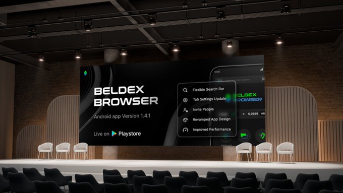 A conference stage presentation for the BELDEX BROWSER Android app Version 1.4.1, highlighting features like Flexible Search Bar, Tab Settings Update, and Improved Performance, available on Playstore.