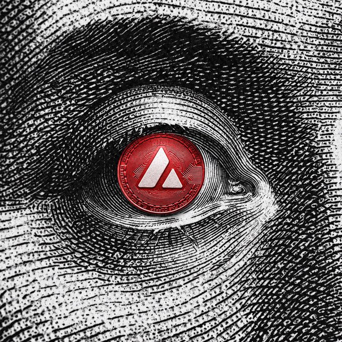 A black and white fingerprint forming an eye, with the pupil replaced by a red cryptocurrency coin featuring the Avalanche logo.