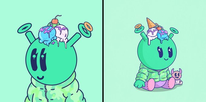 A split image of a green cartoon character with antenna-like appendages; the left shows a close-up of melted ice cream scoops on its head, and the right shows the full character sitting with an ice cream cone and a small pink cat.