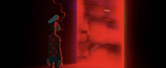 A person smoking a cigarette stands in a dark space facing a glowing red portal marked with the word 'HERE'.
