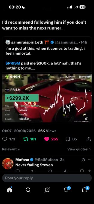 A mobile screenshot of a post on X/Twitter with the caption 'I'd recommend following him if you don't want to miss the next runner,' showing a trading screenshot with gains of '+$299.2K'.