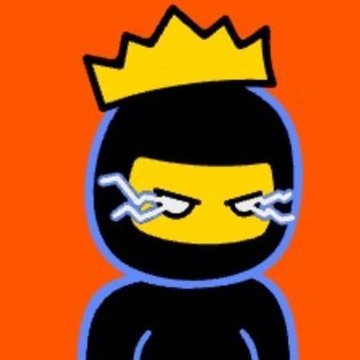 A cartoon ninja character with a black hood, yellow face, angry expression, and a yellow crown on top of the head, set against an orange background.