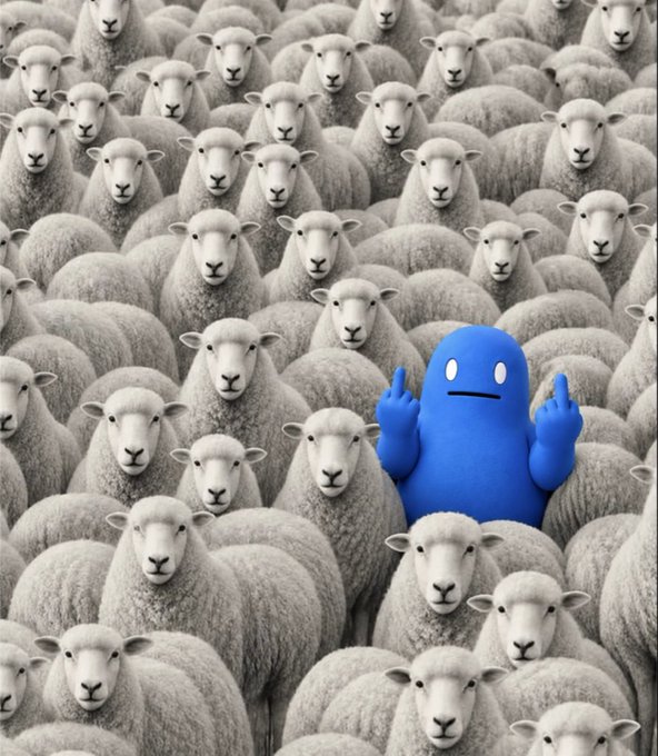 A surreal digital image showing a crowd of identical white sheep, with one blue cartoon-like figure giving the middle finger standing out among them.