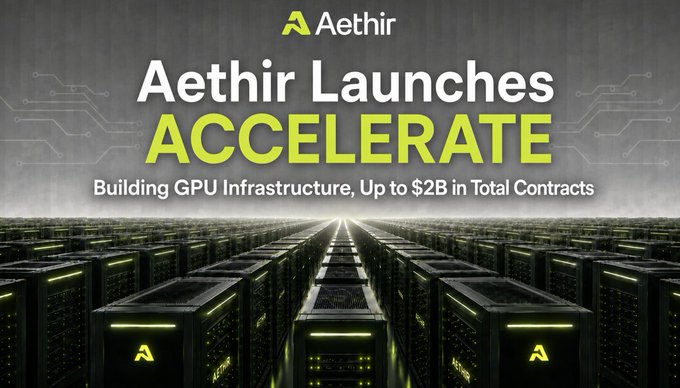 The image is a promotional graphic from Aethir announcing the launch of "ACCELERATE," highlighting their expansion into GPU infrastructure with up to $2 billion in total contracts, featuring their logo and rows of illuminated servers in a data center setting.