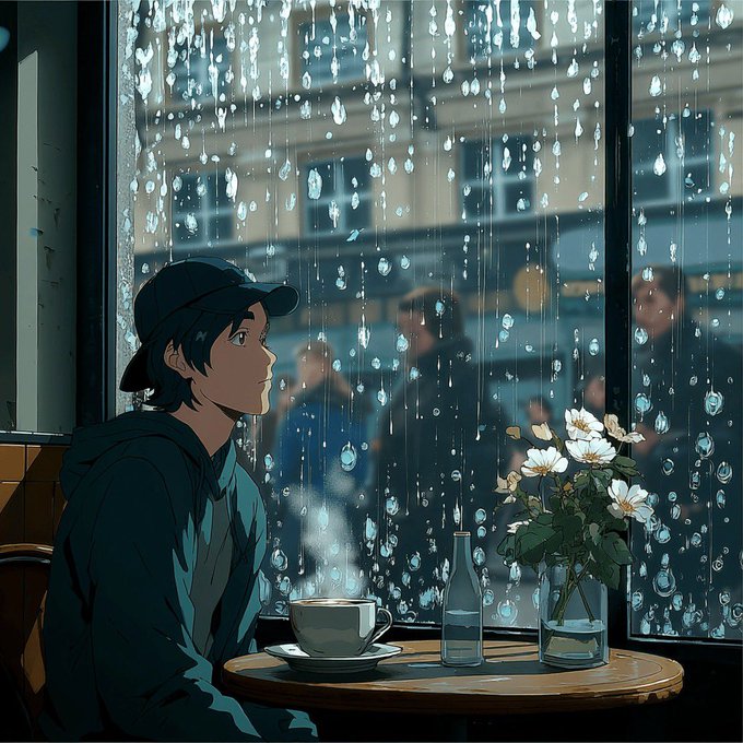 The image features an anime character sitting at a table with a cup of coffee and flowers in front of him. The scene takes place inside a cafe or restaurant, where there are other people present as well. The character appears to be looking out the window, possibly observing the rain outside. The post about NFTs and utility is related to this image because it highlights how digital art can be used for advertising purposes in the NFT market. The anime character's presence in a cafe or restaurant setting suggests that the NFT collection might be promoting a product or service related to cafes, restaurants, or other similar establishments.