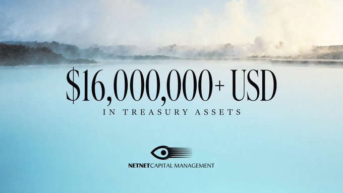 A promotional graphic showing '$16,000,000+ USD IN TREASURY ASSETS' with the NetNet Capital Management logo against a misty blue landscape.