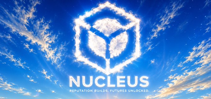 A logo for 'NUCLEUS' displayed against a blue sky background, featuring a geometric cube design formed by clouds, with the tagline 'REPUTATION BUILDS. FUTURES UNLOCKED.'