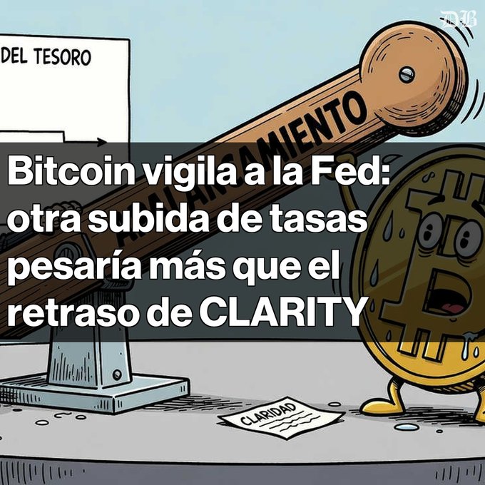 A cartoon illustration showing a worried Bitcoin character sweating next to a large hammer labeled 'FINANCIAMIENTO' and a paper labeled 'CLARIDAD,' with Spanish text reading 'Bitcoin vigila a la Fed: otra subida de tasas pesaría más que el retraso de CLARITY.'
