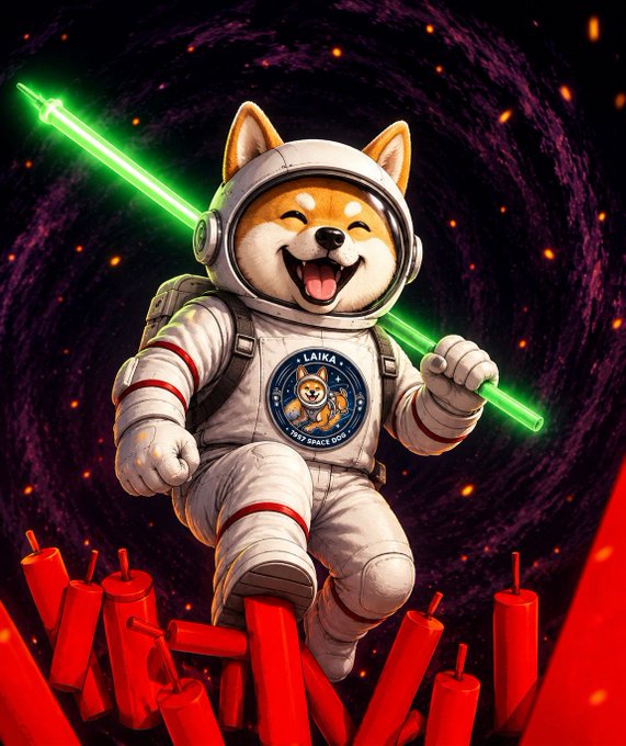 A digital illustration of a smiling Shiba Inu dog wearing a space suit with a 'LAIKA' mission patch, holding a green lightsaber while standing among red candles against a dark cosmic background.