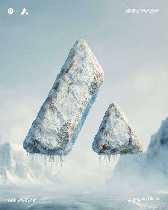A promotional image for Avalanche (AVAX) featuring a stylized mountain logo shaped like an 'A' made of ice and rock, with the text "AVALANCHE. NEW ON ACROSS. BRIDGE IN. RIDE FASTER." and "BRIDGE FROM ANY CHAIN. ACROSS ON AVALANCHE. THE MOUNTAIN IS MOVING. GET ON IT."