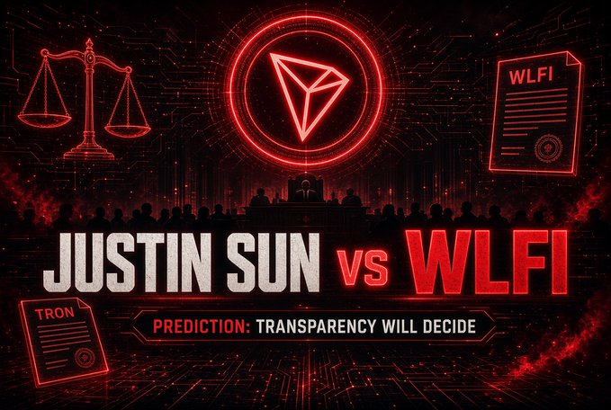 A dramatic red and black graphic shows "JUSTIN SUN vs WLFI" in bold text beneath a glowing TRON diamond logo, with scales of justice and document icons labeled "TRON" and "WLFI" framing a courtroom scene, along with the tagline "PREDICTION: TRANSPARENCY WILL DECIDE." The visual reinforces the post's coverage of the California federal court case, symbolizing the legal battle between the TRON founder and World Liberty Financial with judicial imagery emphasizing the call for transparency.