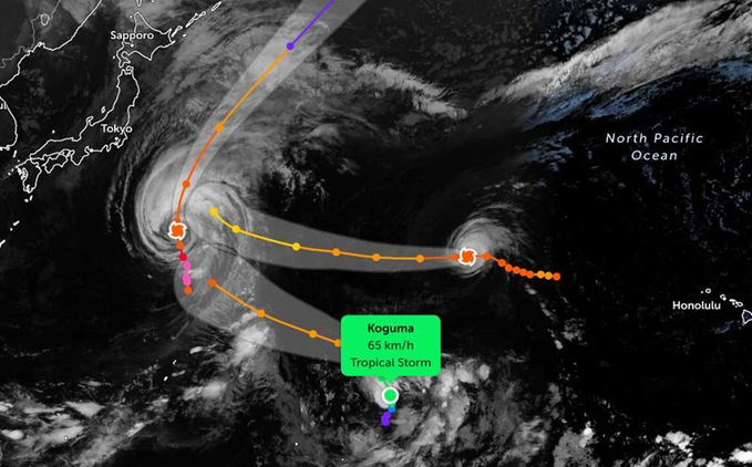 A weather map showing the path of Tropical Storm Koguma at 65 km/h over the North Pacific Ocean near Japan, Hawaii, and Tokyo.