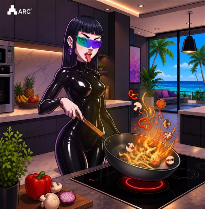 A digital illustration features a woman in a black latex suit and a colorful visor cooking in a modern kitchen overlooking a tropical beach, with flames and vegetables flying from a wok on the stove; the 'ARC' logo is in the corner.