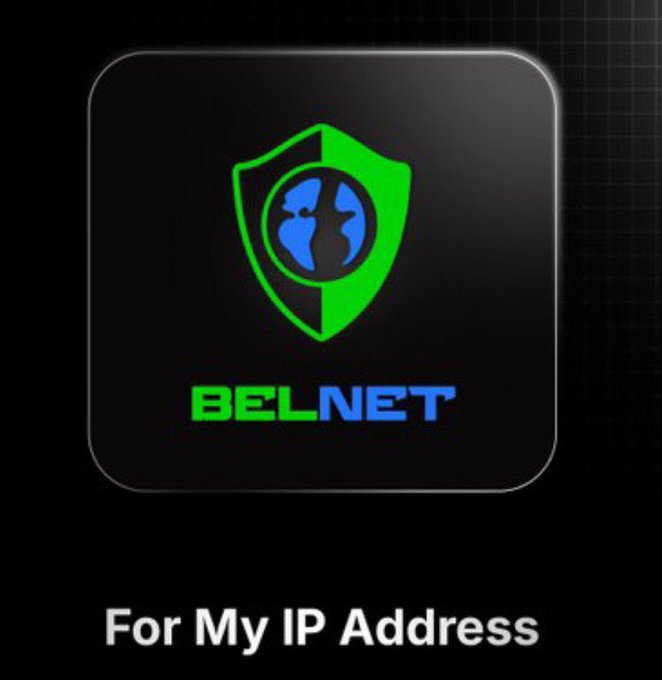 A dark-themed app icon featuring a green shield with a blue globe and 'BELNET' text, with the caption 'For My IP Address' below it.