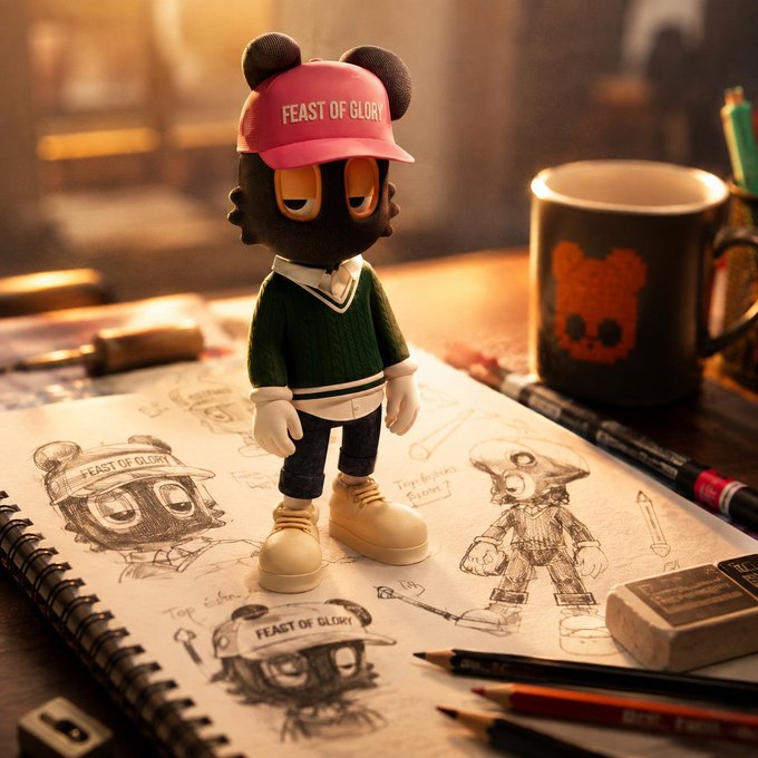A designer toy figure with a black fuzzy head, wearing a pink 'FEAST OF GLORY' cap and green sweater, posed on a sketchbook with character design drawings, surrounded by art supplies and a matching mug.