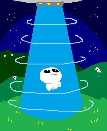 A whimsical illustration of a small white character being beamed up in a blue UFO tractor beam at night, surrounded by tiny ghosts.
