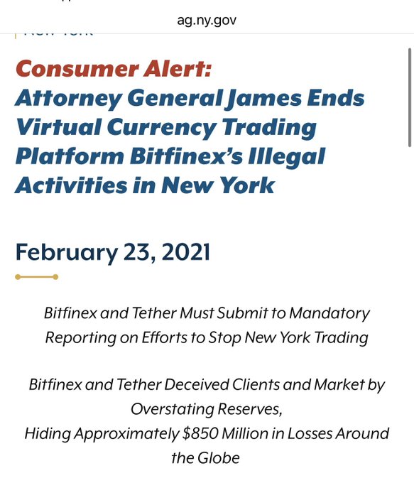 A consumer alert from New York Attorney General James dated February 23, 2021, announcing the end of virtual currency trading platform Bitfinex's illegal activities in New York, with Bitfinex and Tether required to submit mandatory reporting on efforts to stop New York trading after allegedly hiding approximately $850 million in losses through overstated reserves. The image relates to the post by establishing the 2021 NYAG settlement background that would prevent Tether from acquiring Strike without violating those terms.