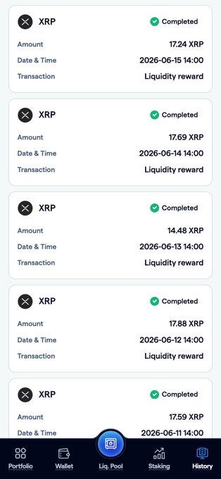 The image displays a smartphone screen with a list of cryptocurrency transactions for XRP users. The top row shows five completed transactions, while the bottom row has three more transactions. The screen also provides information about the XRP coin's history, including its current value and the amount of liquid reward it has received. The post highlights FortisX's commitment to rewarding users with XRP, as indicated by the completed transactions on the screen.