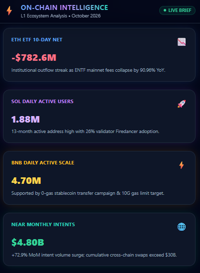 **Caption:** A dark-themed "On-Chain Intelligence" dashboard from October 2026 highlights worrying L1 ecosystem metrics for Ethereum, with ETH ETF 10-day net flows showing a -$782.6M institutional outflow streak alongside NFT mainnet fees collapsing 90.36% YoY, visually reinforcing the post's narrative of institutional capitulation.

**Supporting data points shown:** SOL daily active users (1.88M), BNB daily active scale (4.70M), and NEAR monthly intents ($4.80B).