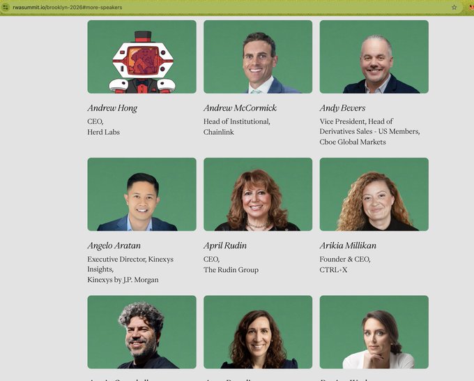 The image shows a portion of the "2026 Speakers" page from the RWA Summit website (rwassummit.io/brooklyn-2026), featuring headshots and titles of several featured speakers including Andrew Hong (CEO, Herd Labs), Andrew McCormick (Head of Institutional, Chainlink), Andy Beuers, Angelo Aratan, April Rudin, and Arika Millikan. The post humorously notes that the speaker will be "the only NFT PFP [profile picture] onstage," referencing that their profile image on the speakers grid—the first slot showing Andrew Hong—is uniquely illustrated as a stylized NFT-style character bottle rather than a standard photograph like the other human headshots.