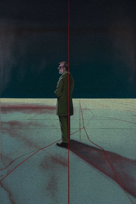 A solitary figure in a green coat stands in a vast, cracked landscape, bisected by a striking vertical red line that divides the moody, atmospheric scene. The image's sense of isolation and uncertain boundary complements the post's casual "Gm" greeting, with the artwork shared by @jedi6900 to evoke a contemplative start to the day.