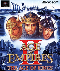 Cover art for the video game 'Age of Empires II: The Age of Kings' by Microsoft and Ensemble Studios, featuring portraits of a king and two warriors above castle structures.
