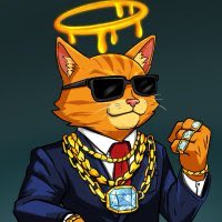 An illustration of an orange cat wearing sunglasses, a suit, a gold chain, and a halo, holding dice against a dark background.