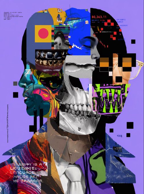 A colorful abstract collage artwork featuring a skull, multiple faces, pixelated elements, and text including 'LUXURY IS A LIQUID CRYSTAL STRUCTURE' and 'CALBS ARE THE CANVAS'.