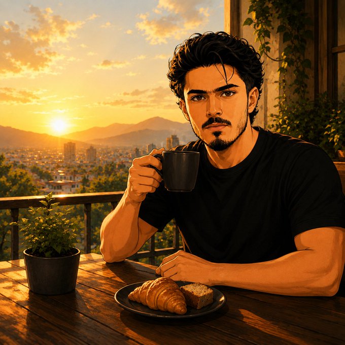 The image features a man sitting at a table with a plate of croissants, holding a cup of coffee or tea. The scene takes place outdoors during sunrise or sunset, creating a serene atmosphere. There are two potted plants on either side of the man's chair, adding to the peaceful ambiance. The caption for this image reads: "Good morning everyone Happy weekend to all Time to relax enjoy the good vibes and make the most of the days ahead Let is enjoy this weekend together and keep the positive energy flowing Still bullish on @useTria and excited to see what is next for the ecosystem".